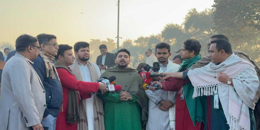 Information and Broadcasting Advisor Md. Nahid Islam speaks to journalists at the National Martyrs’ Memorial in Savar. Photo: Collected.