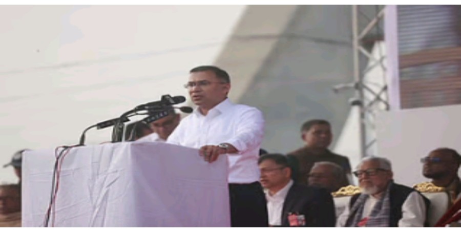 গণসংবর্ধনা মঞ্চে বক্তব্য দিচ্ছেন তারেক রহমান। ২৫ ডিসেম্বর